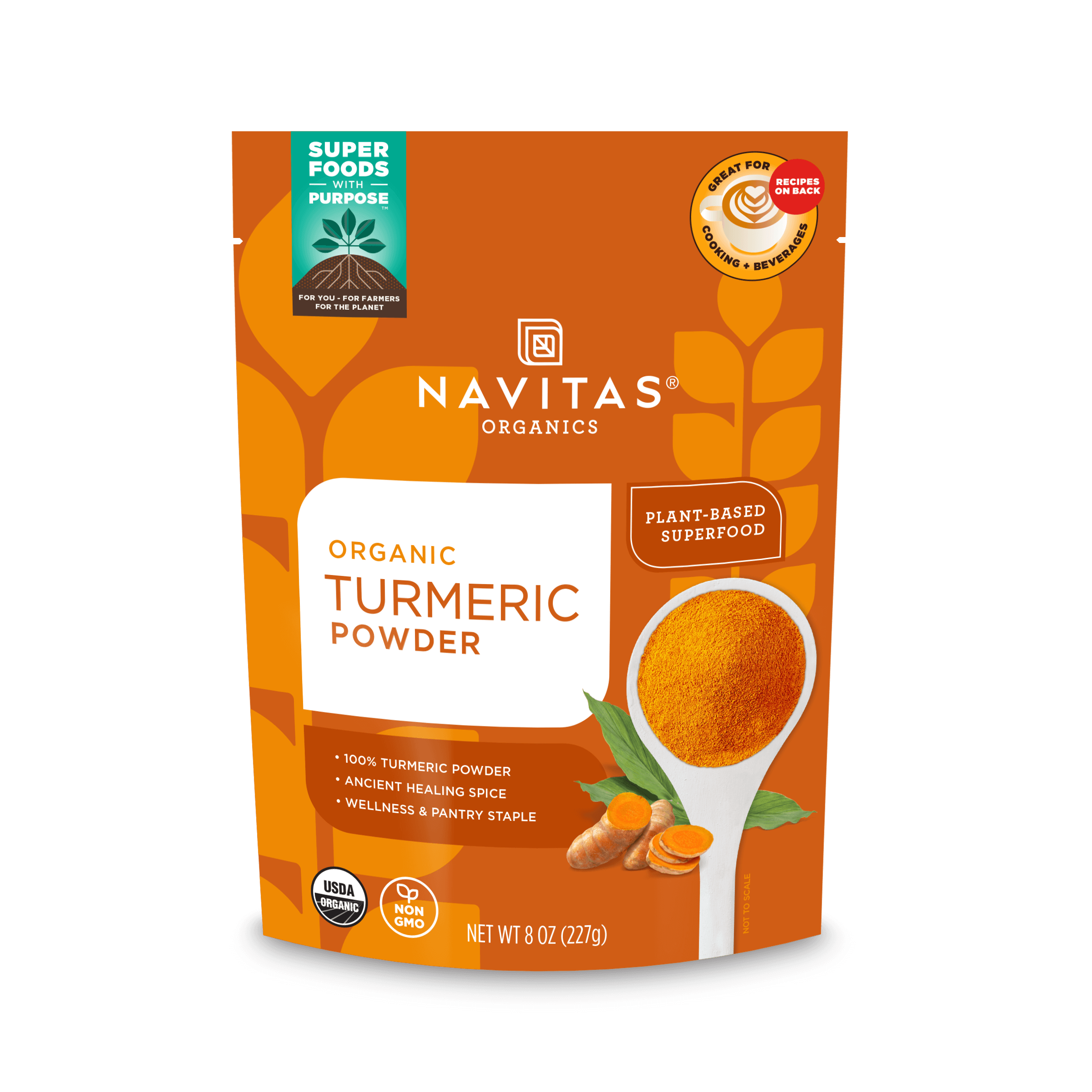 A package of Navitas Organics Superfoods Turmeric Powder, featuring a USDA Organic and Non-GMO Verified seal, with an image of a spoonful of turmeric and a plant-based icon on the front.