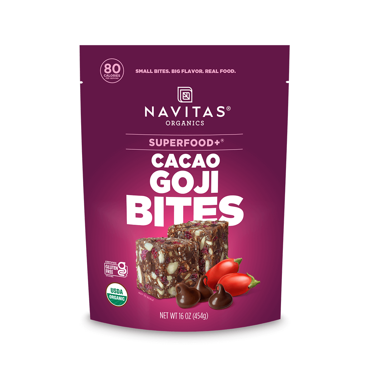 Navitas Organics Cacao Goji Bites packaging on a black background