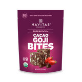 Navitas Organics Cacao Goji Bites packaging on a black background