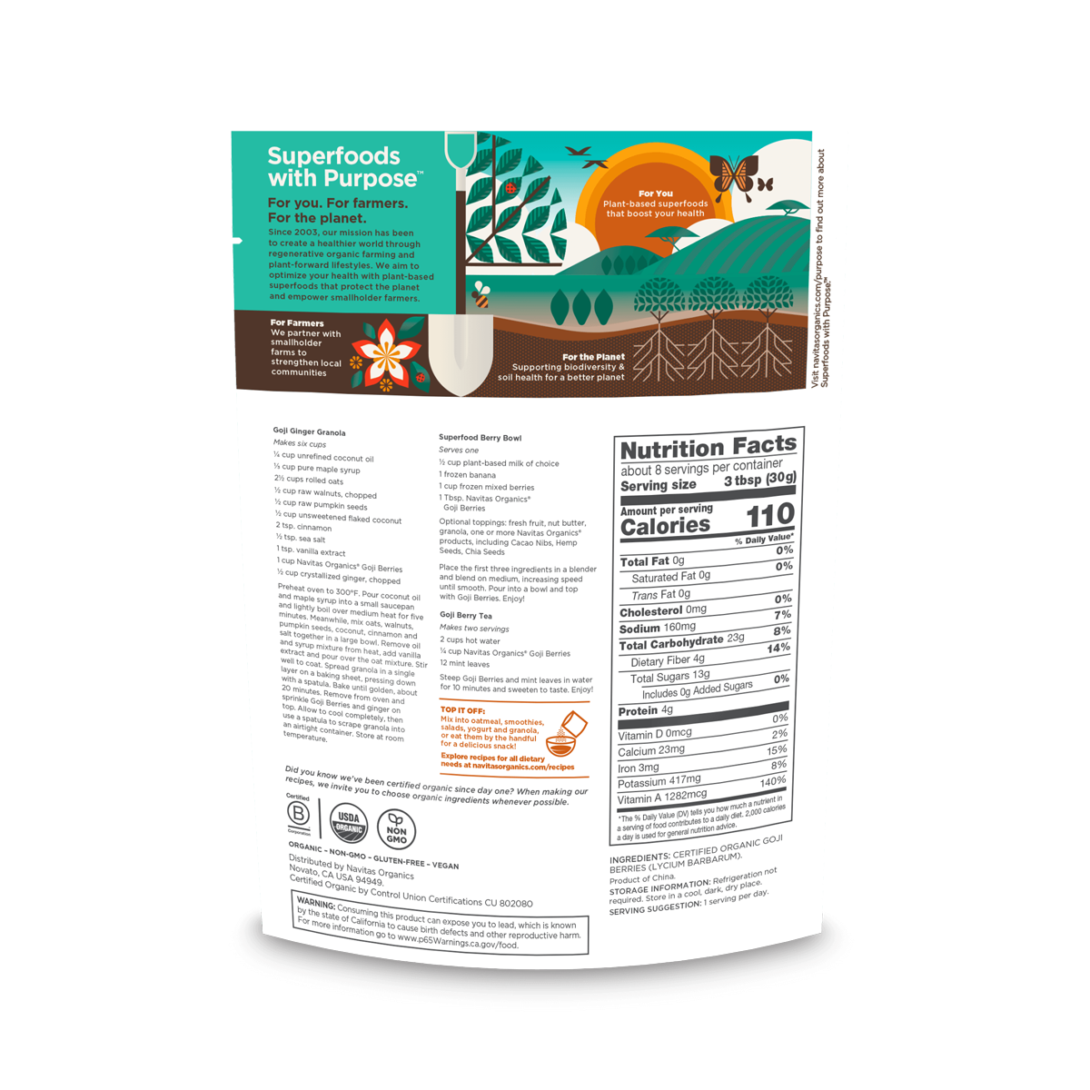 Navitas Organics 8oz. Goji Berries back of bag