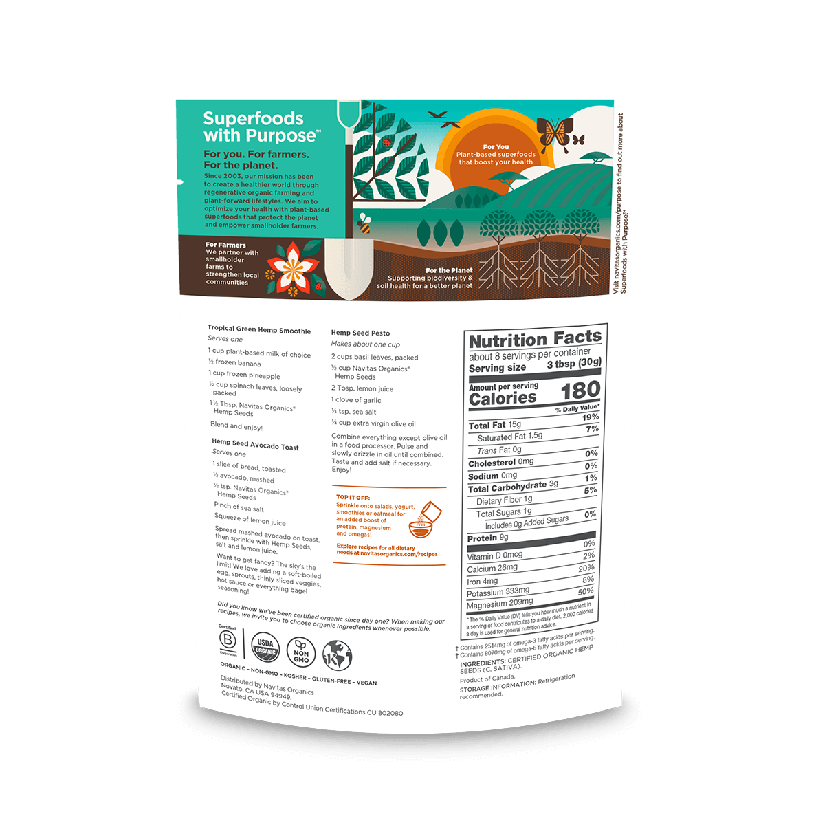 Navitas Organics 8oz. Hemp Seeds back of bag