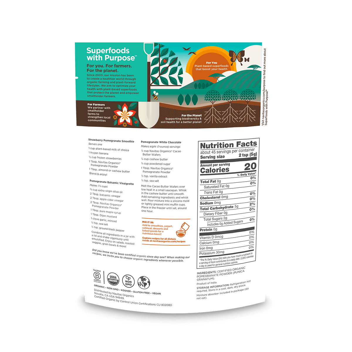 Image of a nutritional label on a package of Navitas Organics 8oz Pomegranate Powder. The label includes detailed nutrition facts, serving size, and various health benefit icons along with decorative plant and nature illustrations.