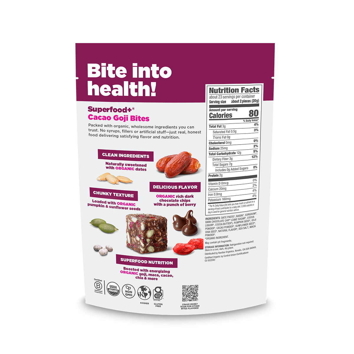 Package of Superfood Cacao Goji Bites with nutritional information on a black background