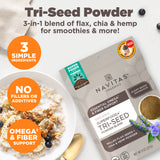 Navitas Organics Tri-Seed Powder Blend package with a bowl of oatmeal and berries on a white background