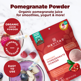 Promotional image for Navitas Organics Pomegranate Powder, highlighting the product's benefits as a powerful antioxidant and its ease of use for smoothies, yogurt, and more. The packaging is displayed alongside dishes of smoothies garnished with fruits.