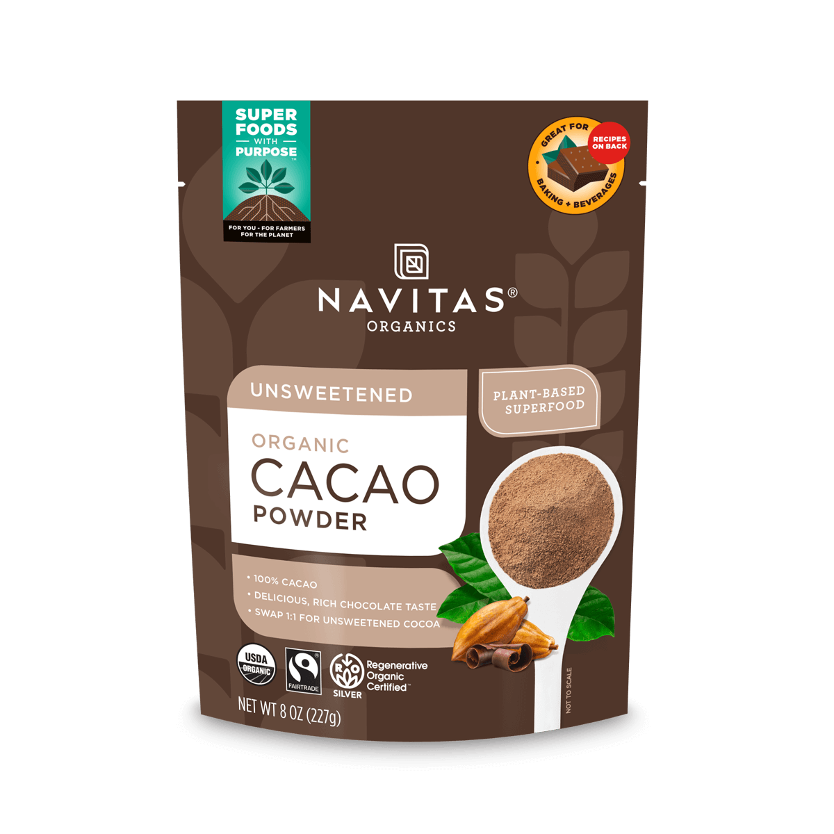Navitas Organics Regenerative Certified Unsweetened Organic Cacao Powder 8oz. front of bag