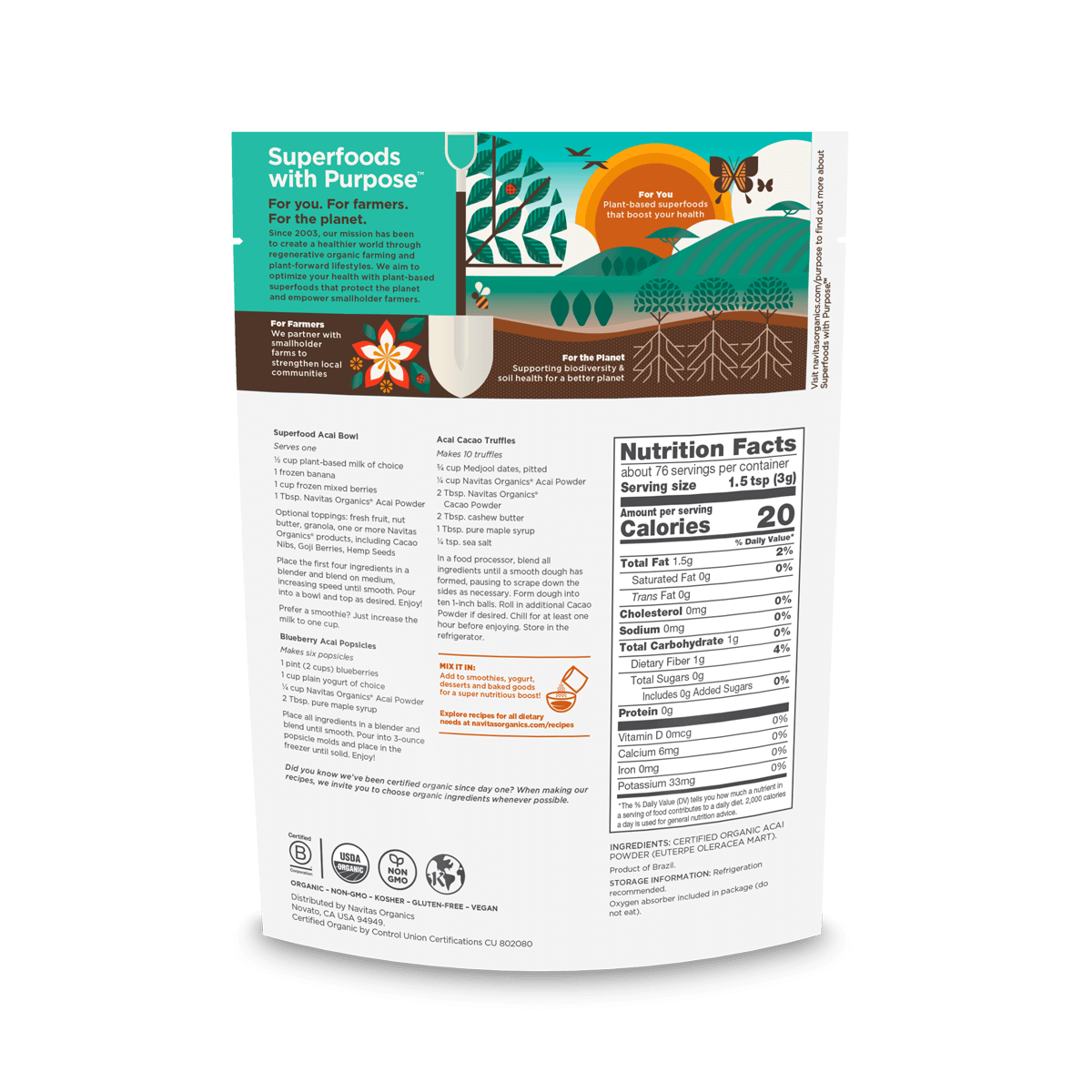 Navitas Organics Acai Powder 8 oz back of bag
