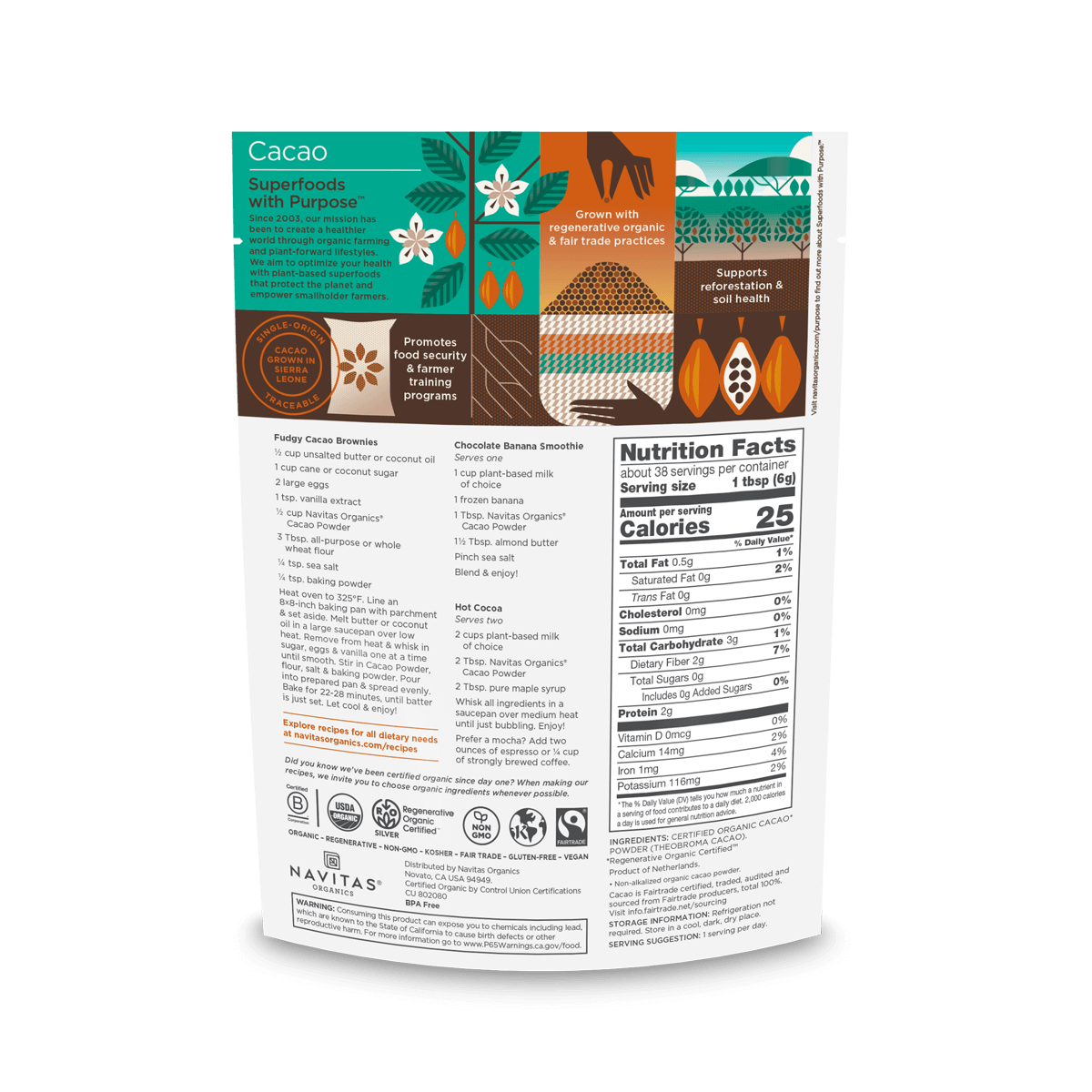Navitas Organics Regenerative Certified Organic Cacao Powder 8oz. back of bag