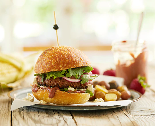 Vegan burger with superfood bbq sauce