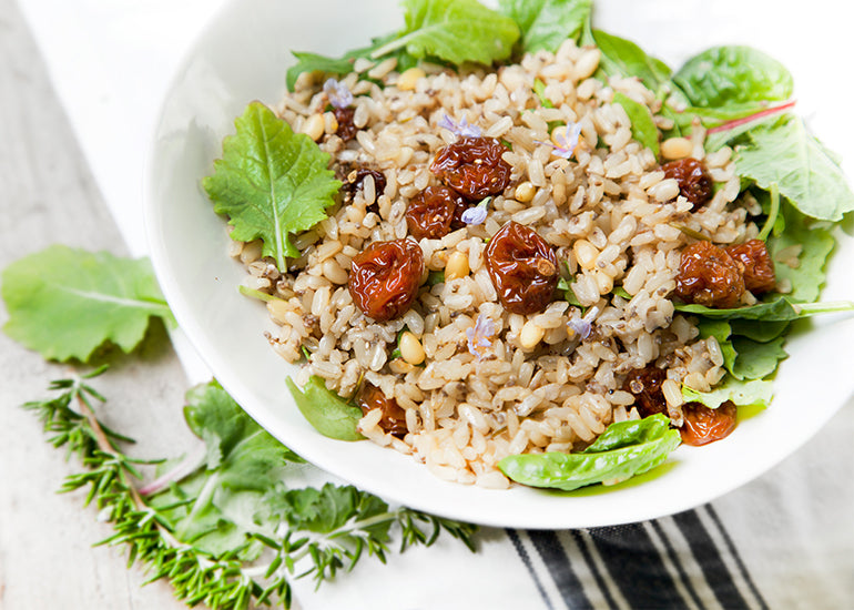 A plate of pilaf made with Navitas Organics Goldenberries and Chia Seeds.