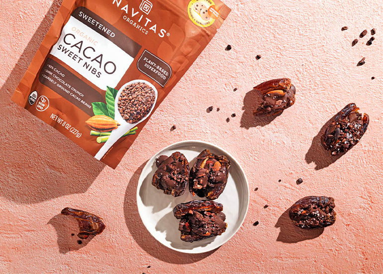 Almond cluster date bites made with Navitas Organics Semi-sweet Cacao Wafers, Goji Berries and Cacao Sweet Nibs