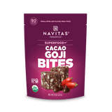 Navitas Organics Superfood+ Cacao Goji BITES packaging on a black background
