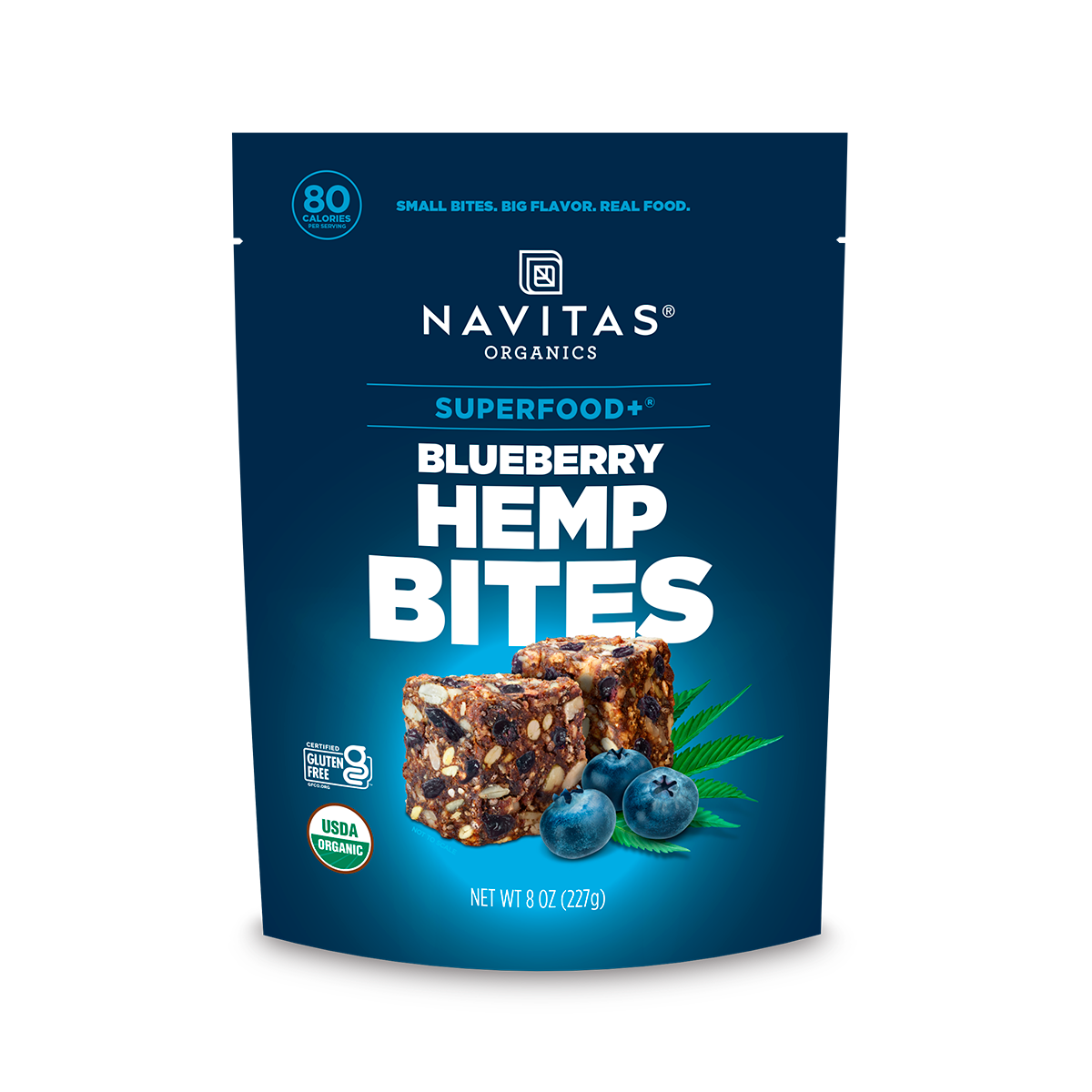 Navitas Organics Superfood+ Blueberry Hemp BITES packaging on a white background