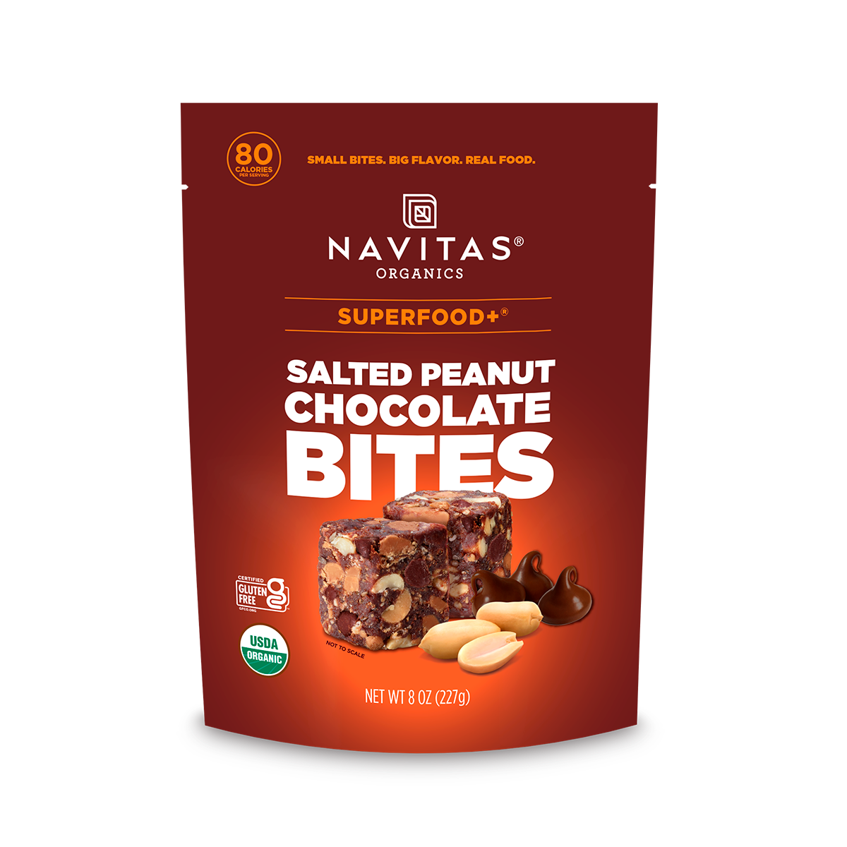 Navitas Organics Superfood+ Salted Peanut Chocolate BITES with dark chocolate-covered salted peanuts blended into bite-sized pieces on packaging against a white background.