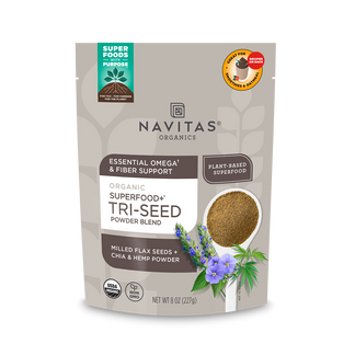 Navitas Organics Tri-Seed Powder Blend package on a blank background