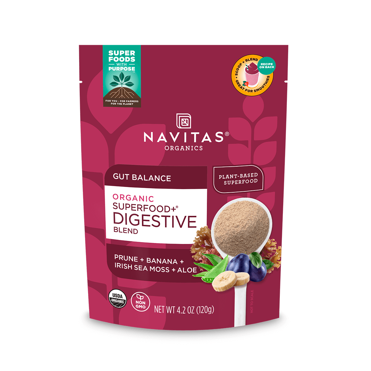 Navitas Organics Superfood Digestive Blend with enzymes 4.2 oz package on a blank background.