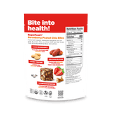 Package of Navitas Organics Superfood+ Strawberry Peanut Chia BITES with nutritional information on a black background