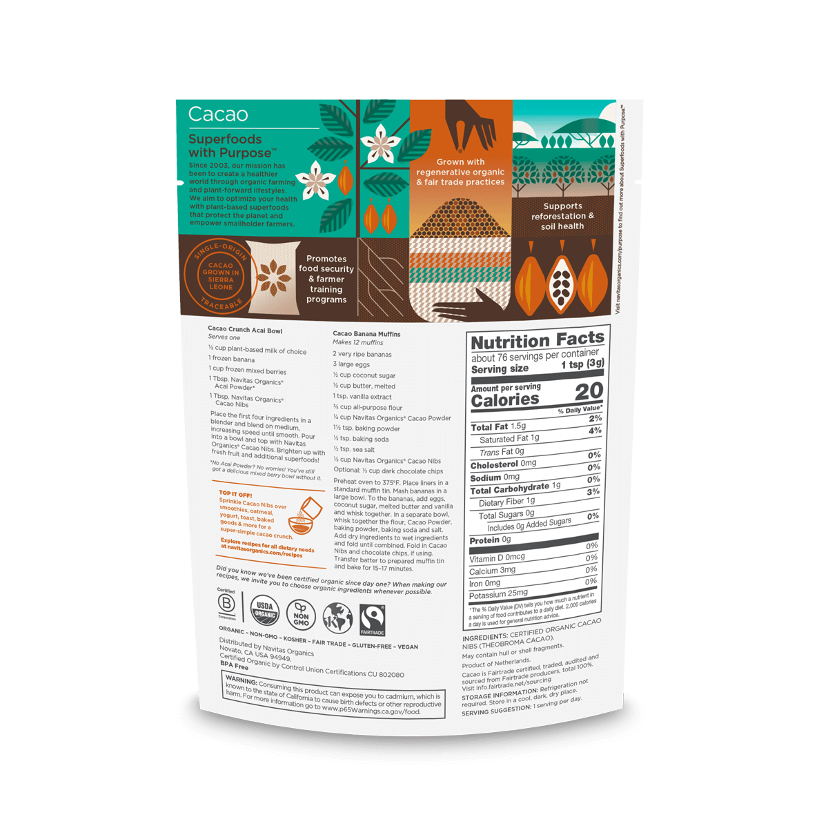 Navitas Organics 8oz Unsweetened Cacao Nibs back of bag