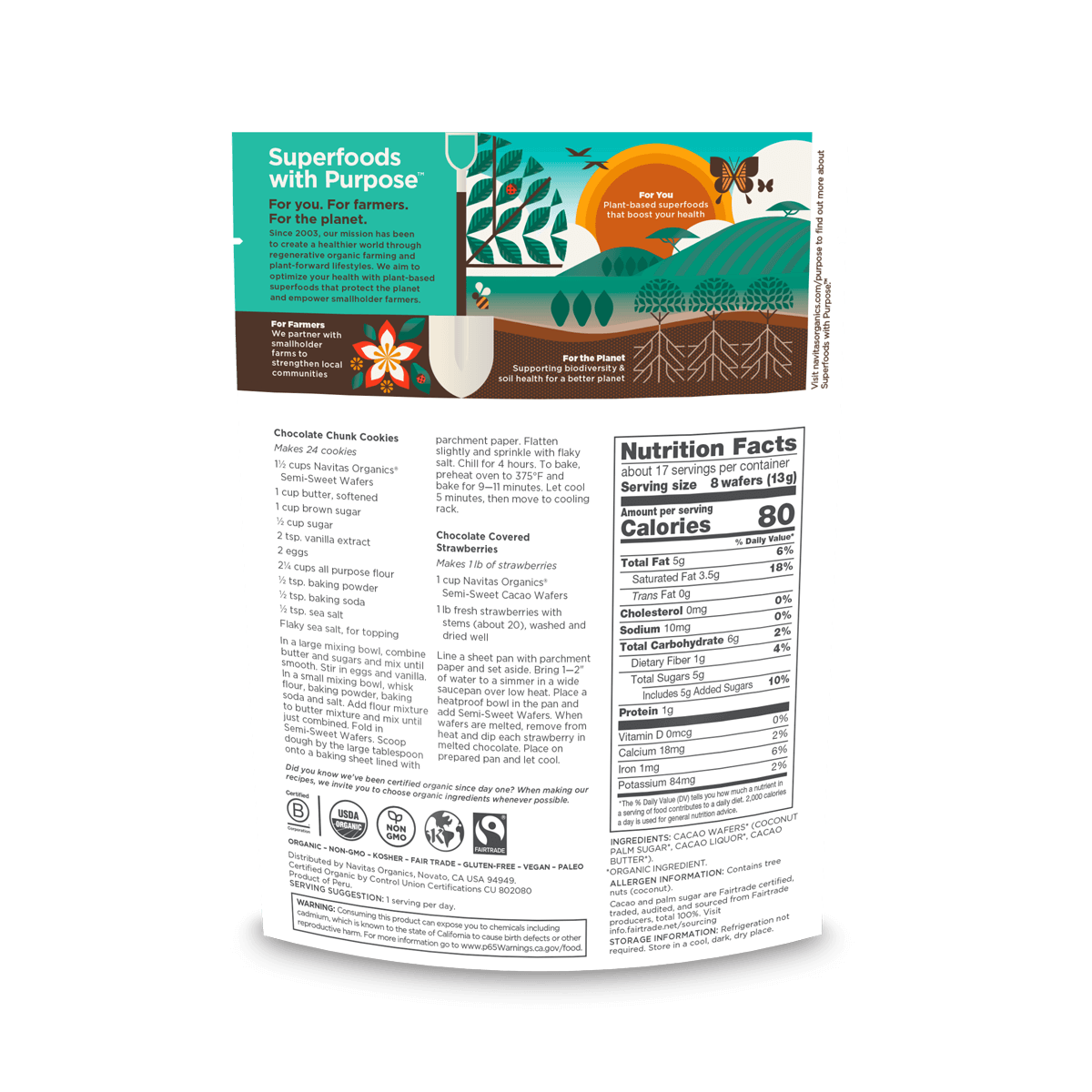Navitas Organics 8oz Semi-sweet Cacao Wafers back of bag