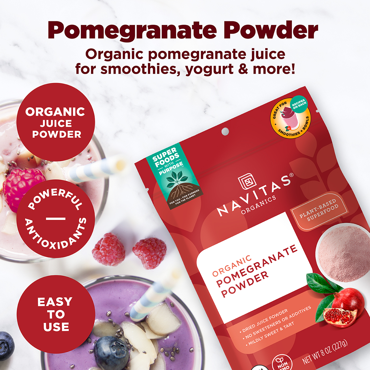 Promotional image for Navitas Organics Pomegranate Powder, highlighting the product's benefits as a powerful antioxidant and its ease of use for smoothies, yogurt, and more. The packaging is displayed alongside dishes of smoothies garnished with fruits.