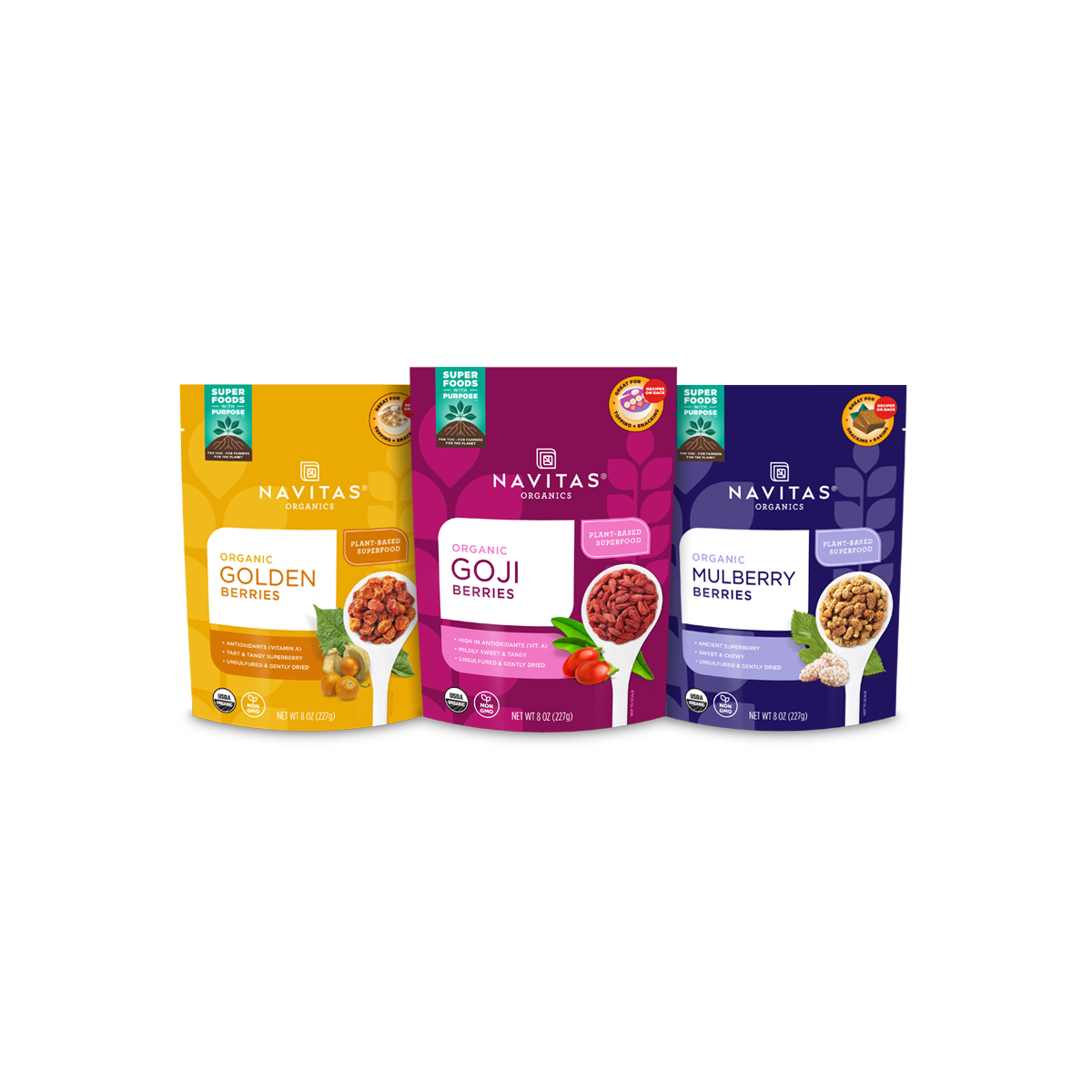 Navitas Organics Superberry Bundle with 8oz. Goldenberries, Goji Berries and Mulberries