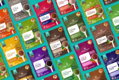 Rows of Navitas Organics superfoods
