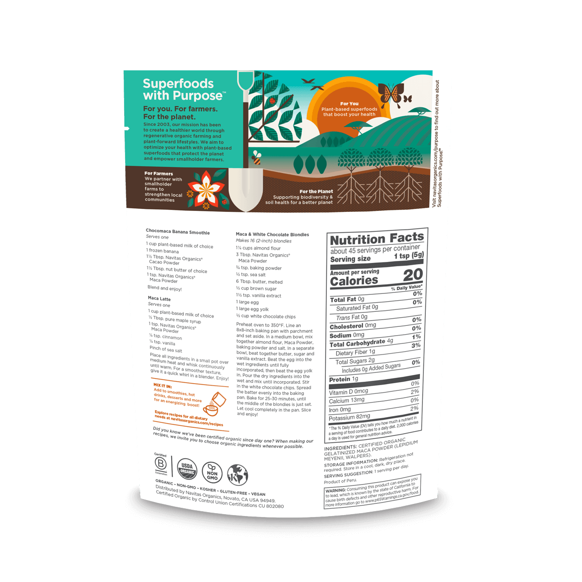 Navitas Organics Maca Powder 8oz. back of bag.